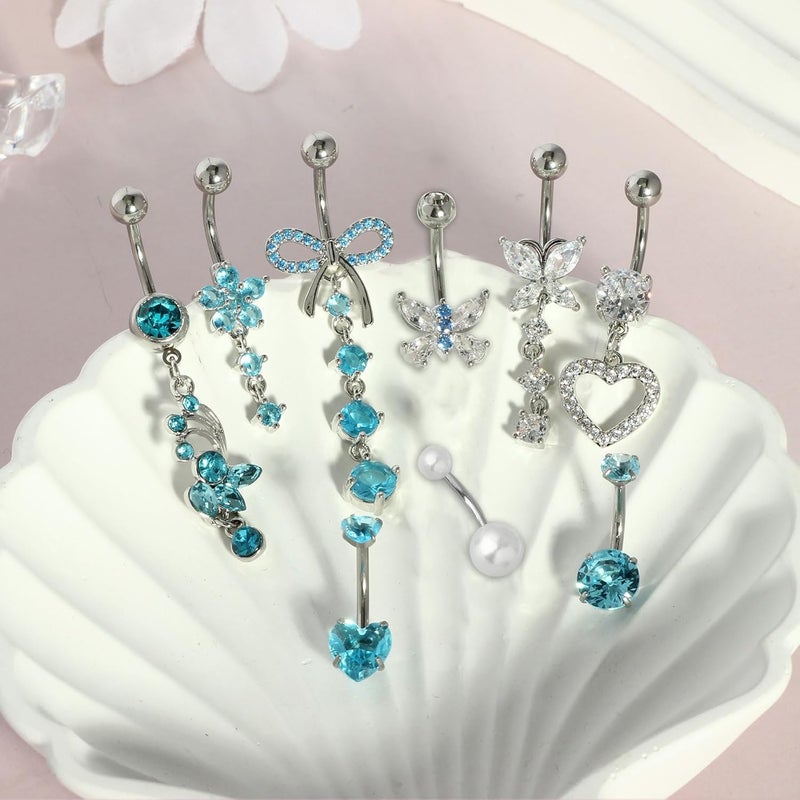 Suotarn 14G Belly Button ring Dangle Belly Rings Surgical Stainless Steel Cute Bow Butterfly Heart Flower Dangling Belly Button Piercing Jewelry For Women Silver Dainty Dangly Navel Ring - Image 3